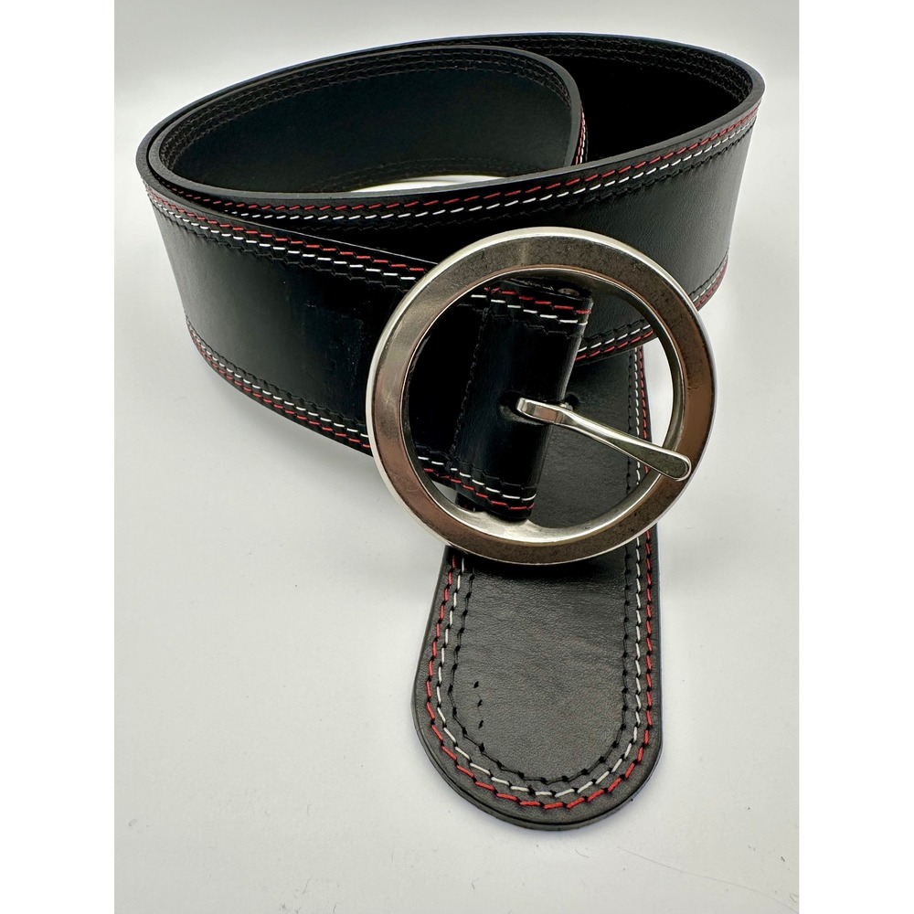 Pelle Melle USA Leather Belt Women XL Black Contrast Stitch Circle Silver Buckle